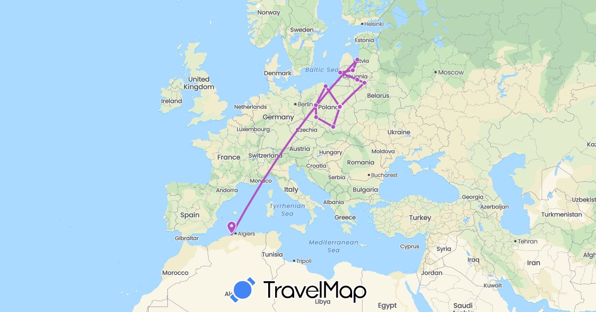TravelMap itinerary: driving, train in Estonia, Lithuania, Latvia, Poland (Europe)